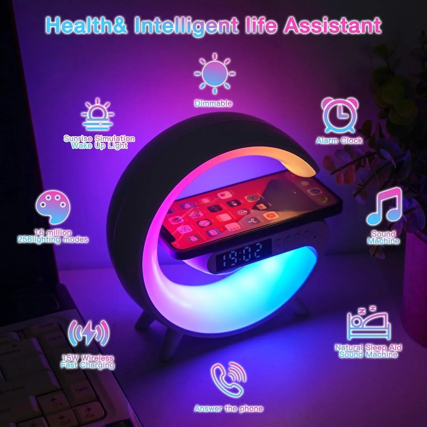4-in-1 Wireless Speaker Charger with Atmosphere Light and Alarm Clock